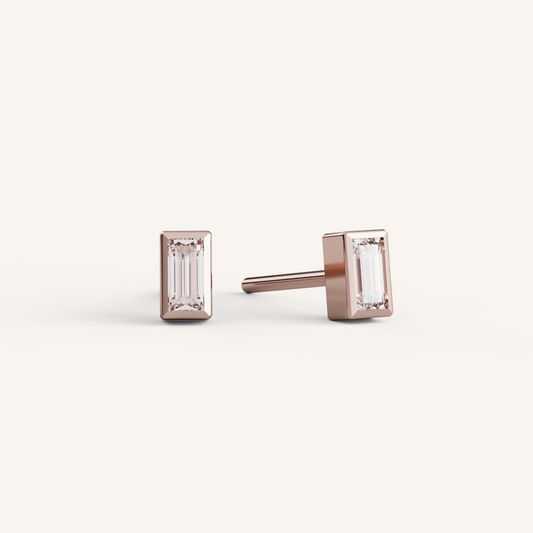 Baguette Bezel Studs - 14K Rose Gold - Lab Diamond - Micro