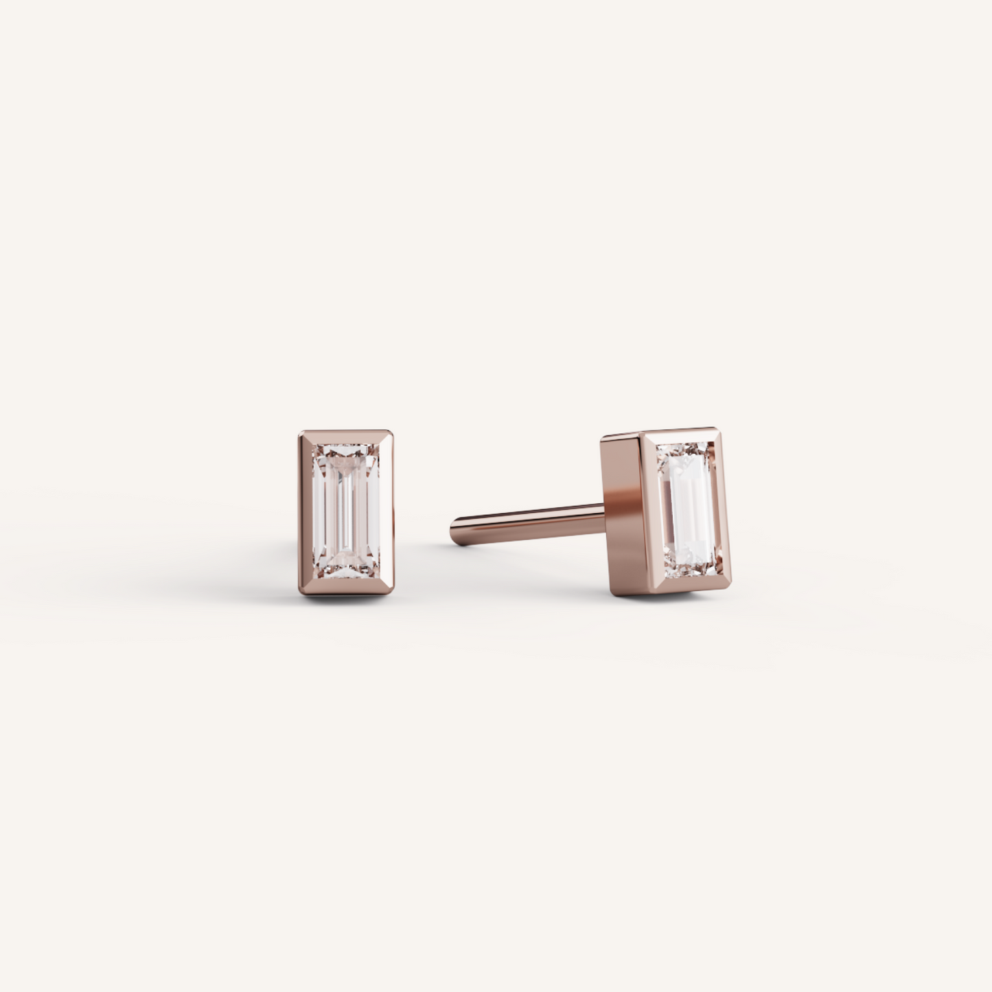 Baguette Bezel Studs - 14K Rose Gold - Natural Diamond - Micro