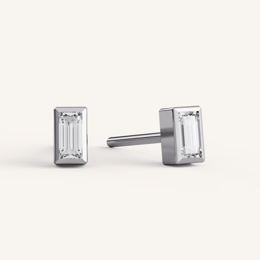 Baguette Bezel Studs - 14K White Gold - Lab Diamond - Mod